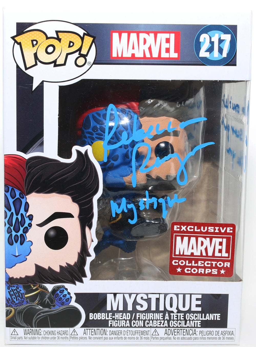 Rebecca Romijn as Mystique in X-Men Marvel Collector Corps Exclusive (JSA) Signed Funko POP! #217 with Character Name & Quote