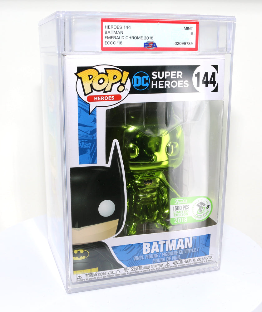 
                  
                    Green Metallic Batman from DC Super Heroes 2018 Emerald City Comic Con Exclusive Limited to 1500 Pieces Funko POP! #144 PSA Graded 9 - Grail
                  
                
