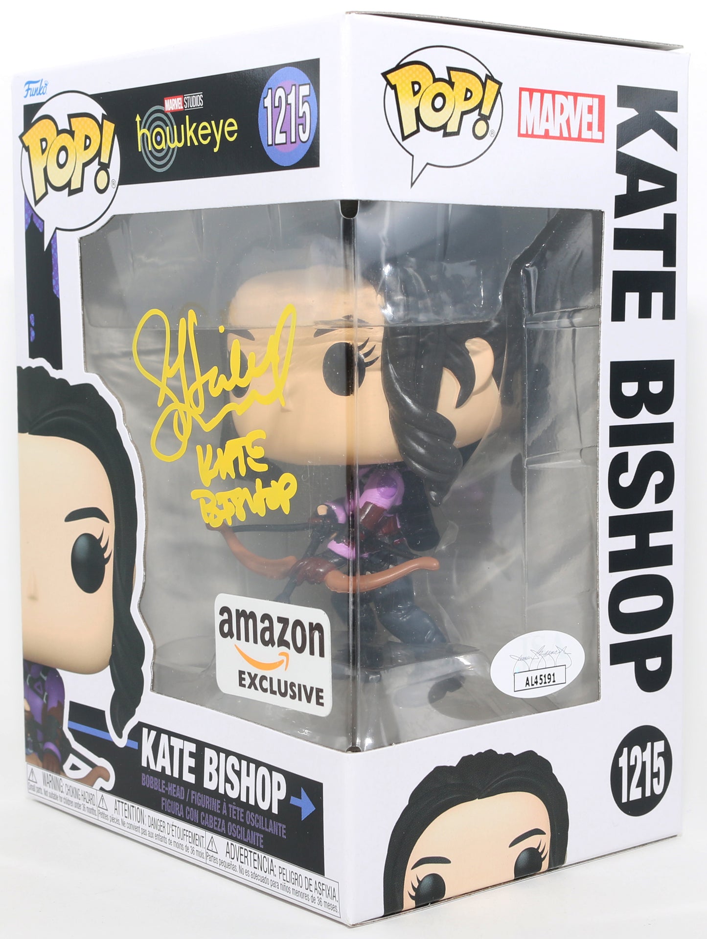 
                  
                    Hailee Steinfeld as Kate Bishop in Hawkeye Amazon Exclusive (JSA) Signed Funko POP! #1215 with Character Name
                  
                
