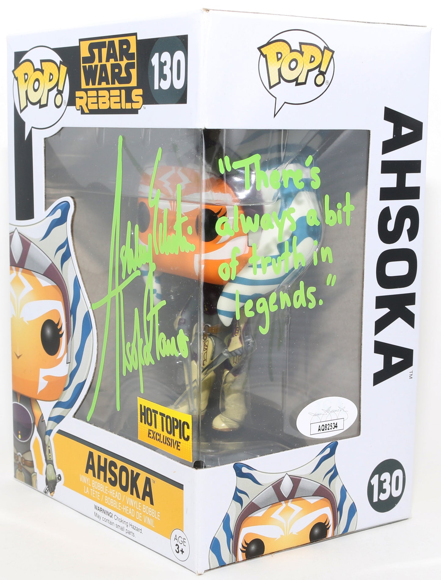 
                  
                    Ashley Eckstein as Ahsoka Tano in Star Wars: Rebels Hot Topic Exclusive (JSA) Signed Funko POP! #130 with Character Name & Quote
                  
                
