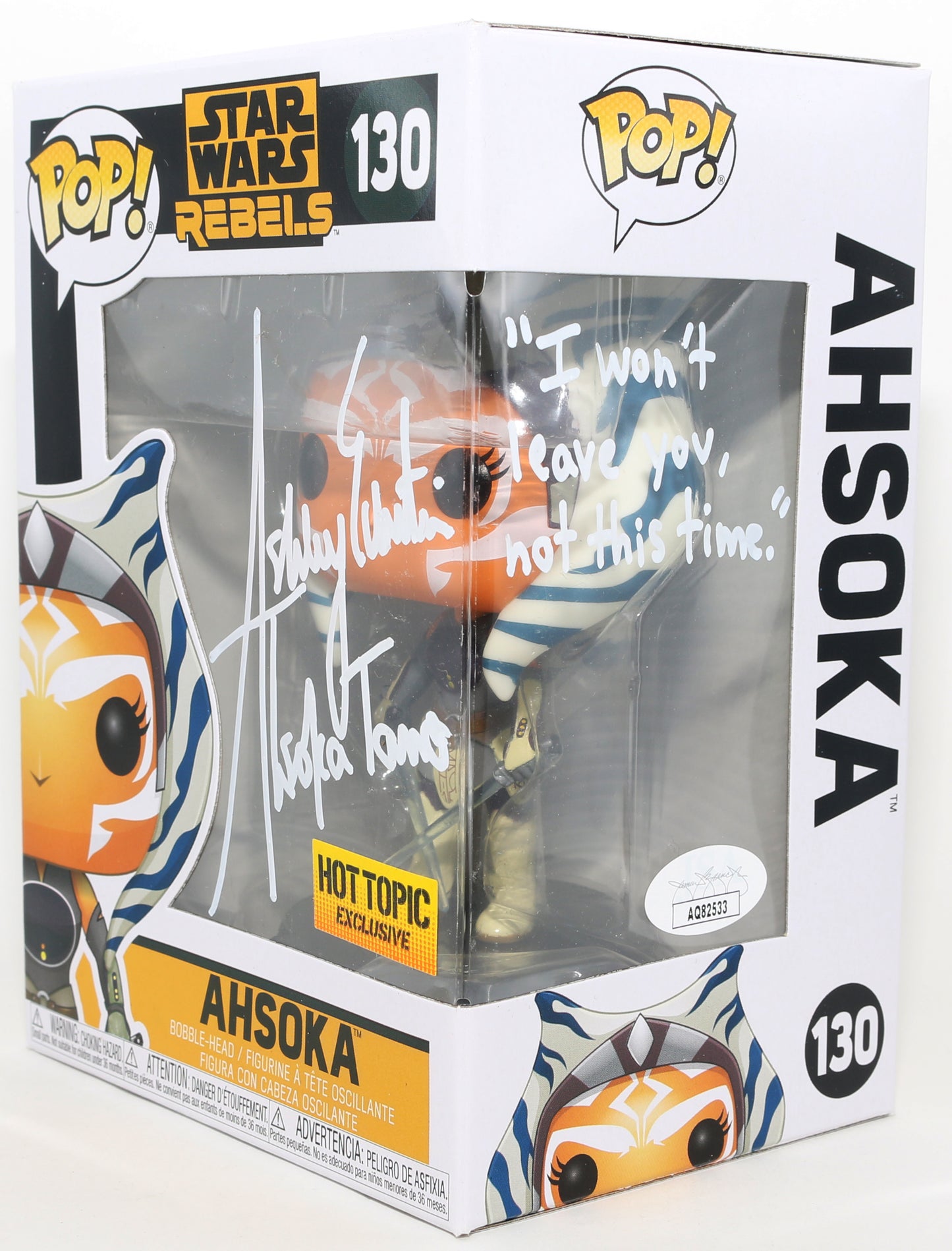 
                  
                    Ashley Eckstein as Ahsoka Tano in Star Wars: Rebels Hot Topic Exclusive (JSA) Signed Funko POP! #130 with Character Name & Quote
                  
                
