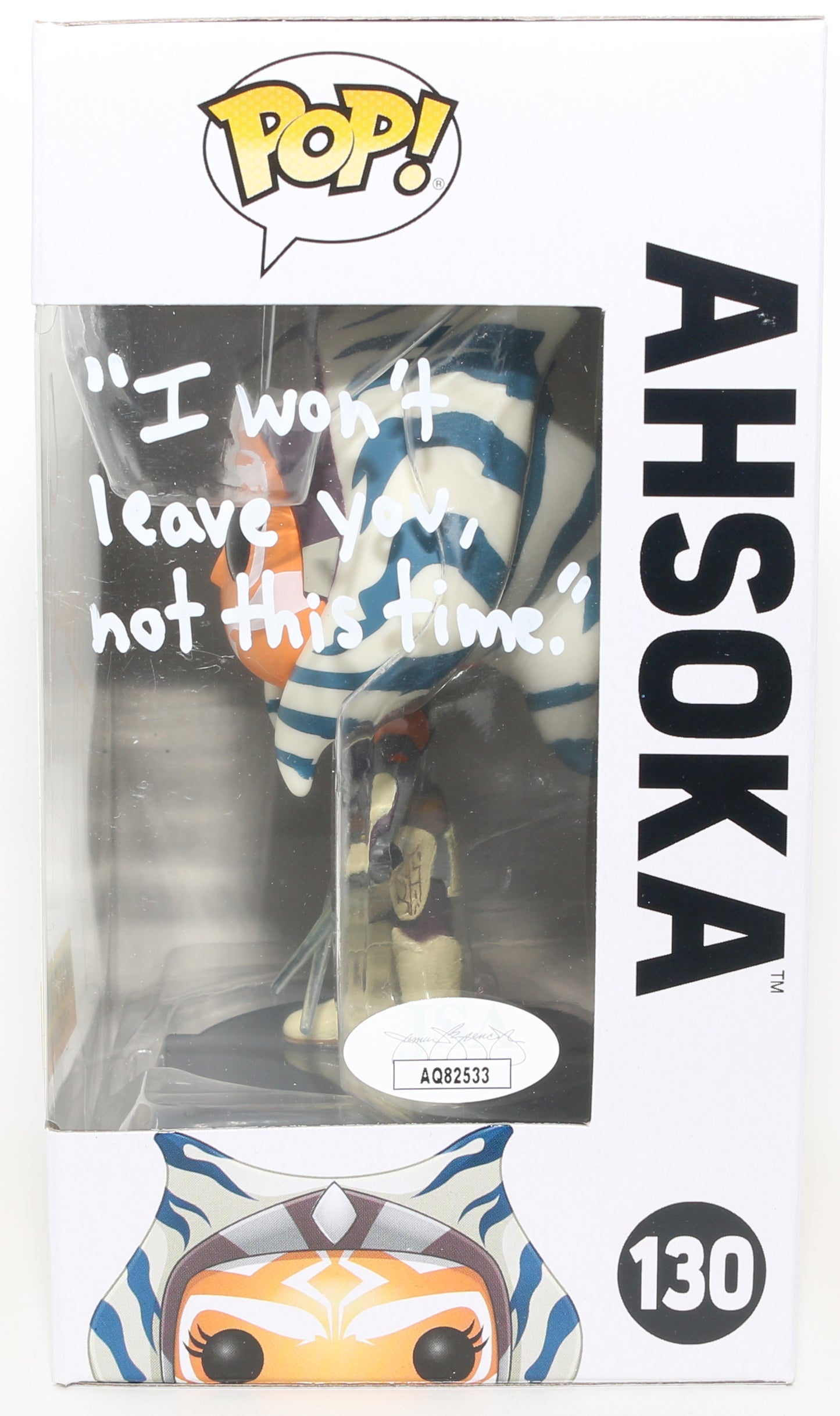 
                  
                    Ashley Eckstein as Ahsoka Tano in Star Wars: Rebels Hot Topic Exclusive (JSA) Signed Funko POP! #130 with Character Name & Quote
                  
                