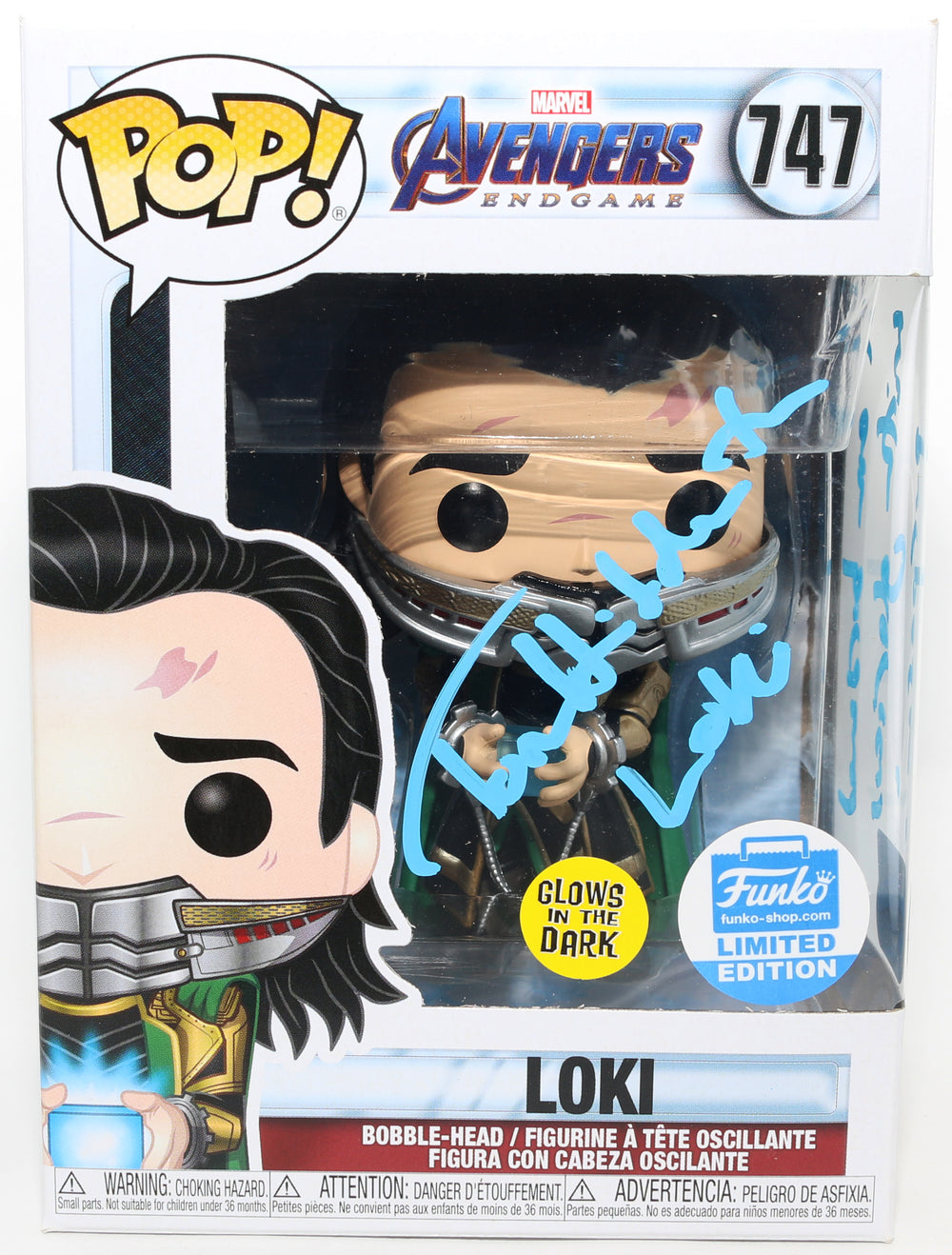 Tom Hiddleston as Loki in Avengers: Endgame GITD Funko Store Limited Edition (SWAU) Signed Funko POP! #747 with Character Name & Quote