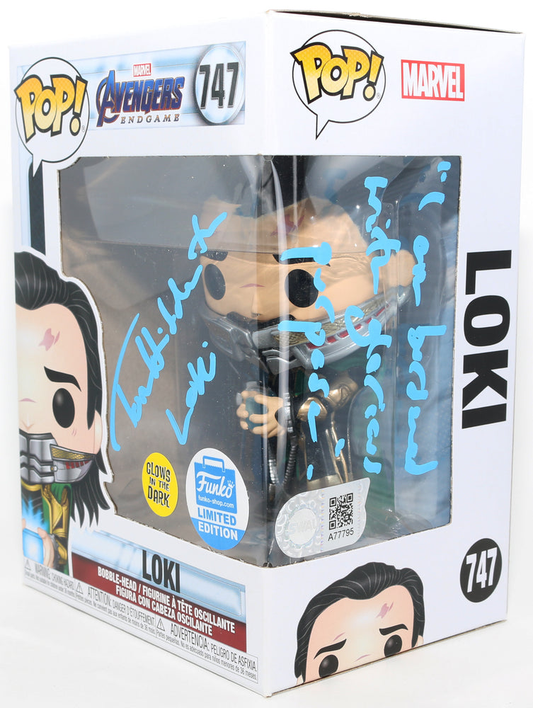
                  
                    Tom Hiddleston as Loki in Avengers: Endgame GITD Funko Store Limited Edition (SWAU) Signed Funko POP! #747 with Character Name & Quote
                  
                