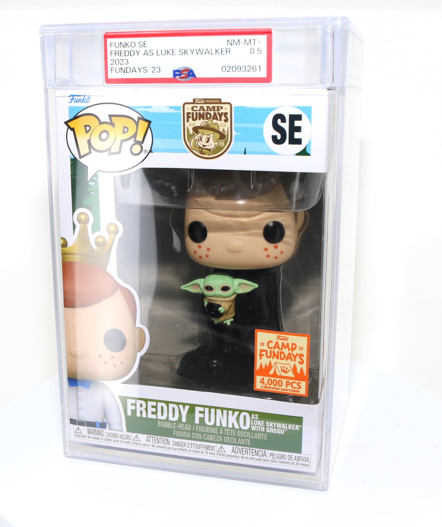 
                  
                    Freddy Funko as Luke Skywalker with Grogu from Star Wars: The Mandalorian 2023 Camp Fundays Exclusive Limited to 4000 Pieces Funko POP! #SE PSA Graded 8.5 - Grail
                  
                