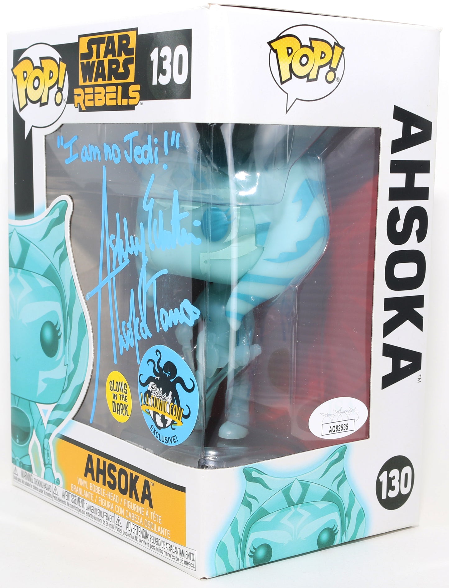
                  
                    Ashley Eckstein as Ahsoka Tano in Star Wars: The Clone Wars GITD LA Comic Con Exclusive (JSA) Signed Funko POP! #130 with Character Name & Quote
                  
                