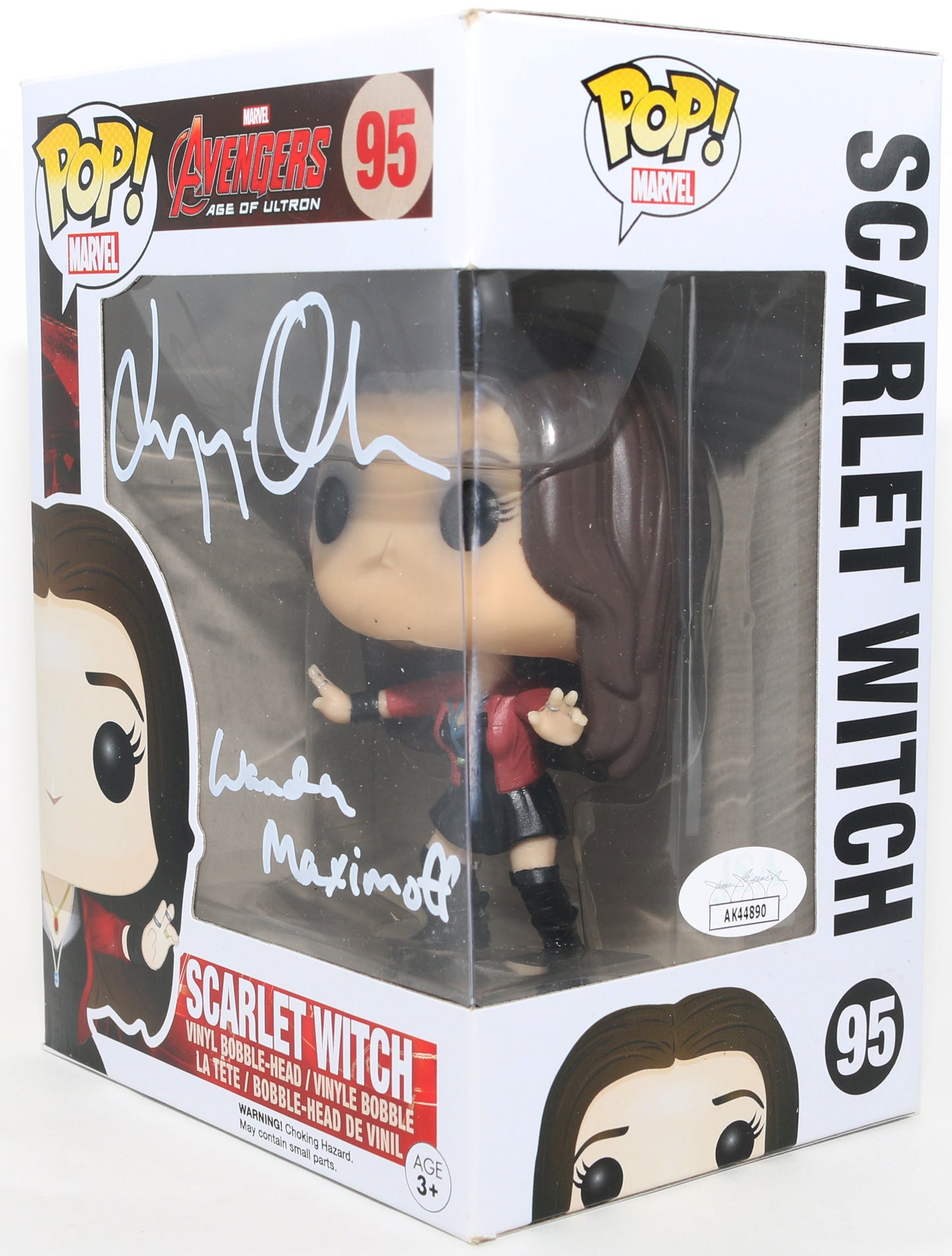 
                  
                    Elizabeth Olswen as Scarlet Witch in Avengers: Age of Ultron (JSA) Signed Funko POP! #95 with Character Name
                  
                