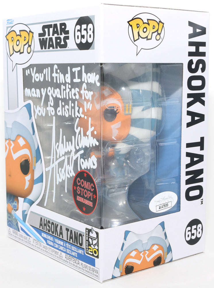 
                  
                    Ashley Eckstein as Ahsoka Tano in Star Wars: The Clone Wars Comic Stop! Exclusive (JSA) Signed Funko POP! #658 with Character Name & Quote
                  
                