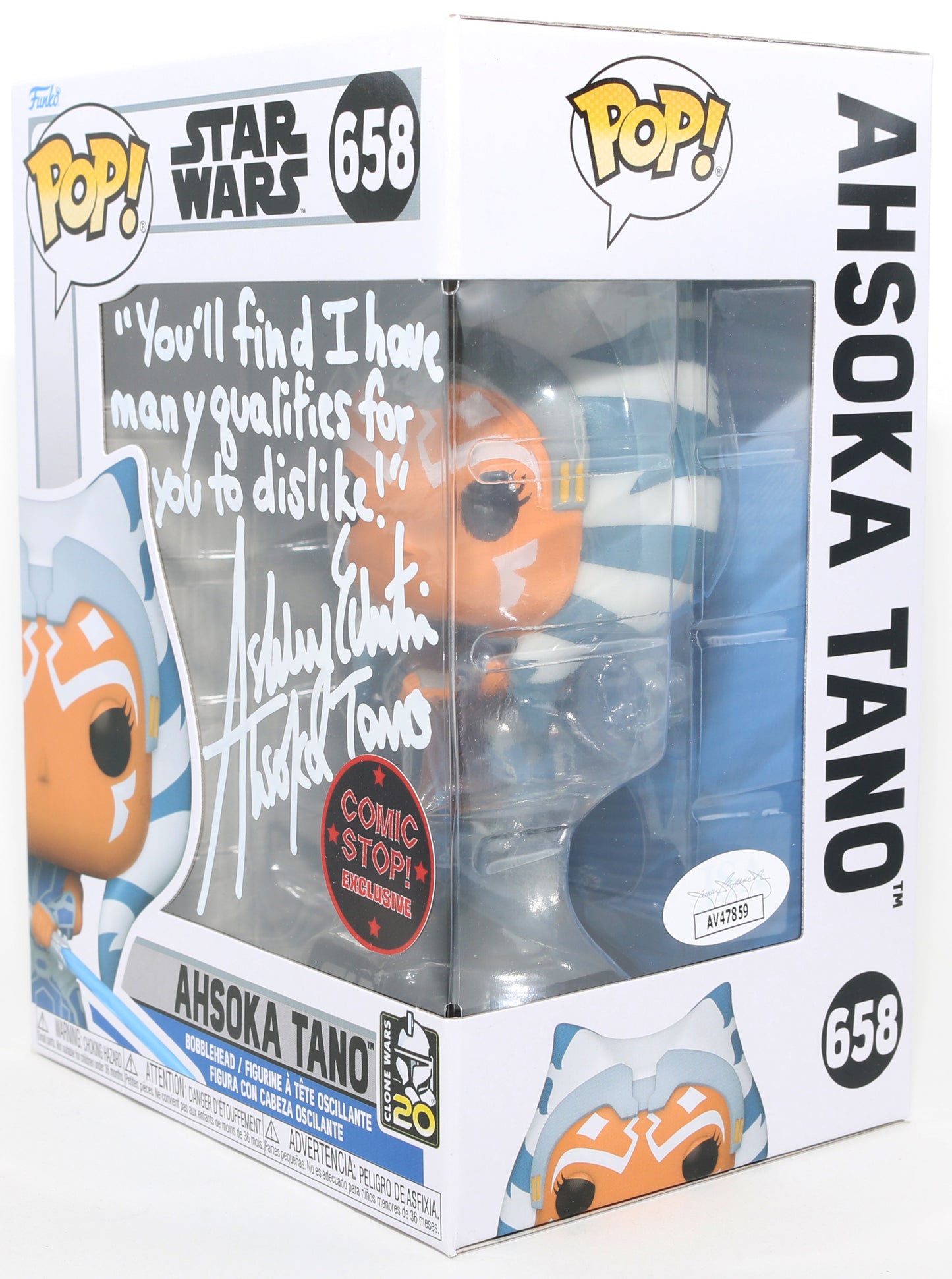 
                  
                    Ashley Eckstein as Ahsoka Tano in Star Wars: The Clone Wars Comic Stop! Exclusive (JSA) Signed Funko POP! #658 with Character Name & Quote
                  
                