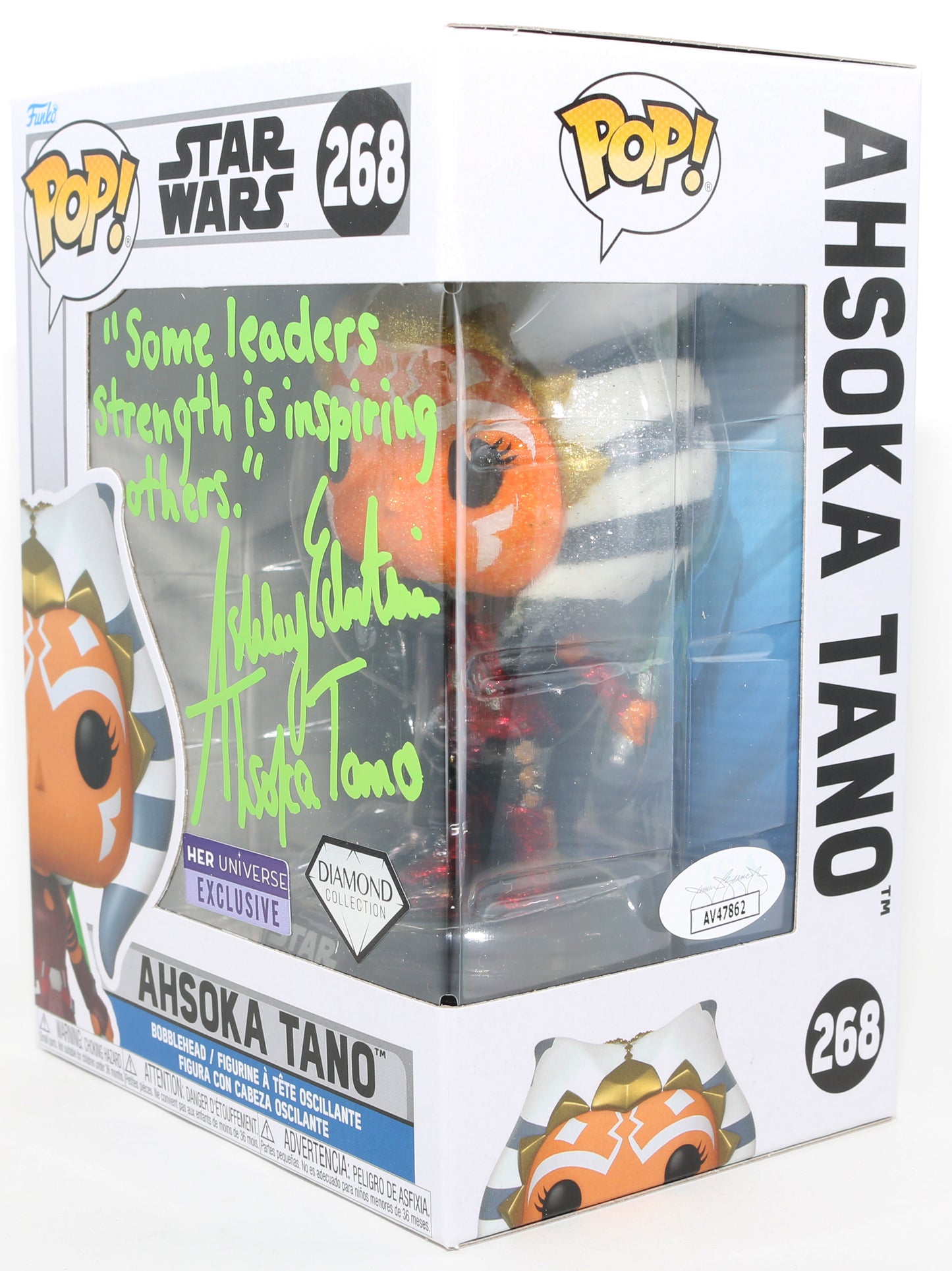 
                  
                    Ashley Eckstein as Ahsoka Tano [Green Lightsaber] in Star Wars: The Clone Wars Her Universe Exclusive Diamond Collection (JSA) Signed Funko POP! #268 with Character Name & Quote
                  
                