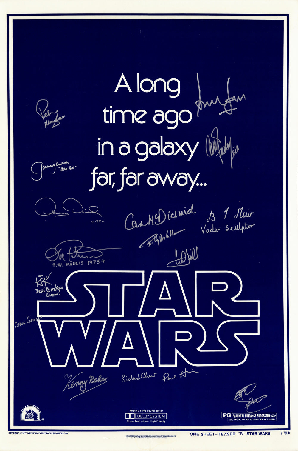 Star Wars Style B Teaser Poster Signed by Harrison Ford, Carrie Fisher, Mark Hamill, Peter Mayhew, Jeremy Bulloch, Anthony Daniels, Ian McDiarmid, Kenny Baker, Billy Dee Williams, & More