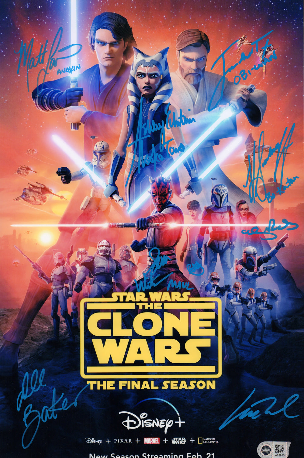 Star Wars: The Clone Wars 11x17 Mini Poster (SWAU) Cast Signed by Ashley Eckstein, James Arnold Taylor, Matt Lanter, Katee Sackhoff, Brigitte Kali, Dee Baker, Elizabeth Rodriguez, Matt Wood, & Sam Witwer
