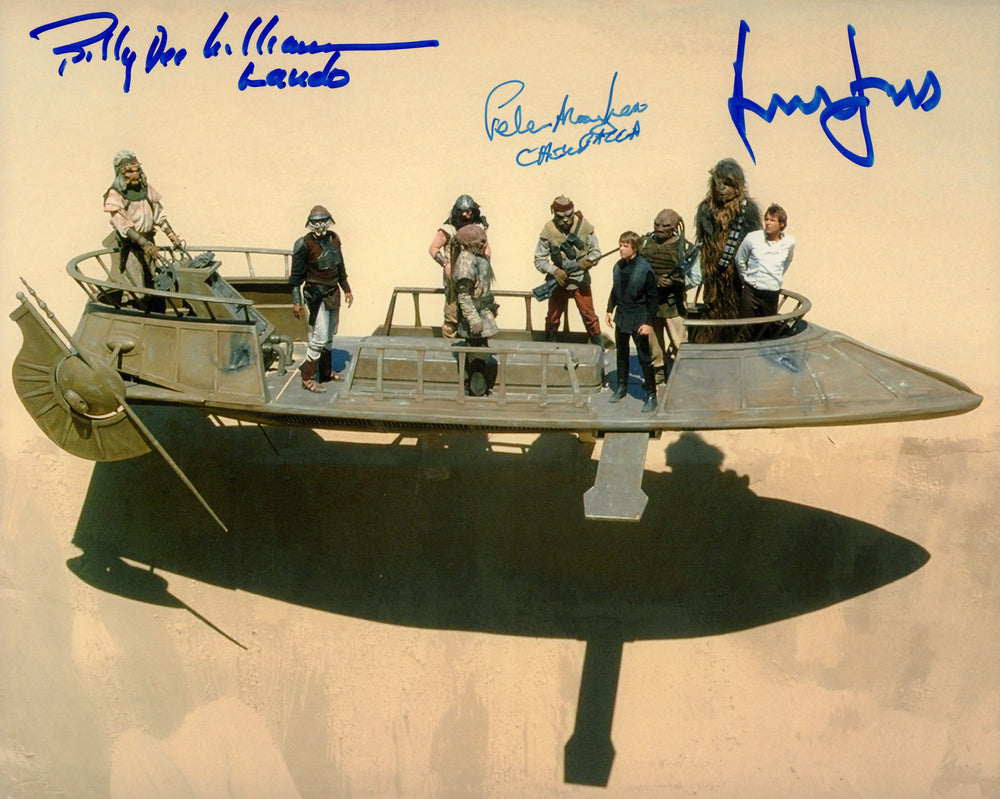 Harrison Ford as Han Solo, Peter Mayhew as Chewbacca, & Billy Dee Williams as Lando in Star Wars: Return of the Jedi Signed 8x10 Photo