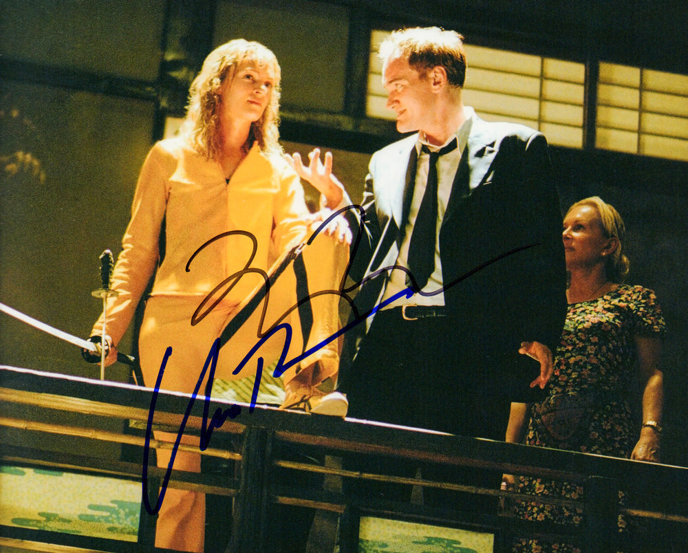 Uma Thurman as The Bride with Director Quentin Tarantino Kill Bill Behind the Scenes Signed 8x10 Photo