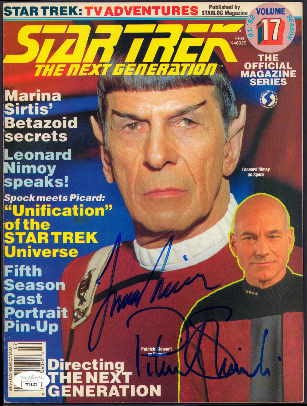 Leonard Nimoy as Spock and Patrick Stewart as Captain Jean-Luc Picard in Star Trek: The Next Generation Signed Magazine