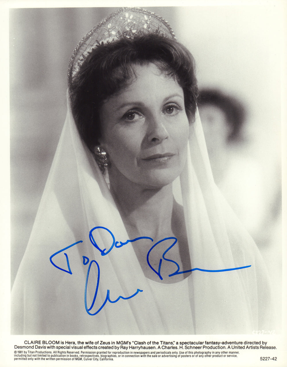 Claire Bloom as Hera in Clash of the Titans Signed 8x10 Press Photo