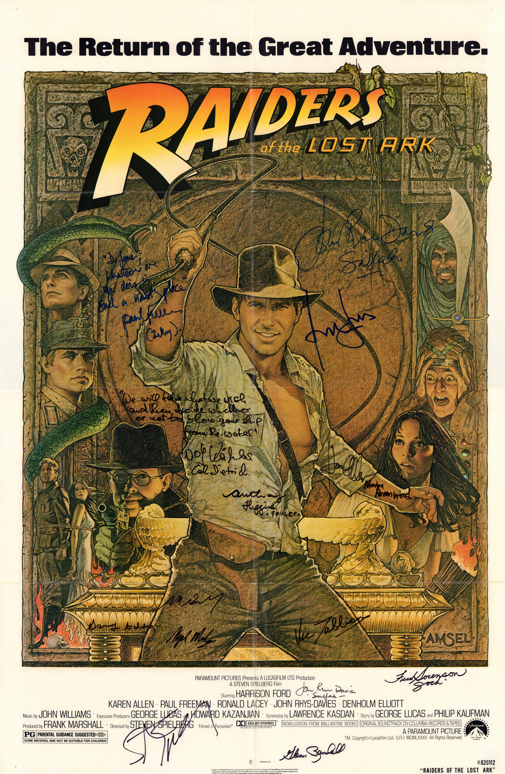 Indiana Jones and the Raiders of the Lost Ark 27x41 Poster Cast Signed by Harrison Ford, Steven Spielberg, Karen Allen, Paul Freeman, John Rhys-Davies, Alfred Molina, & More