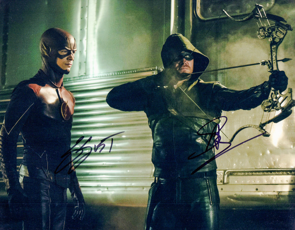 Stephen Amell as Green Arrow with Grant Gustin as The Flash in The CW's Arrowverse Signed 11x14 Photo