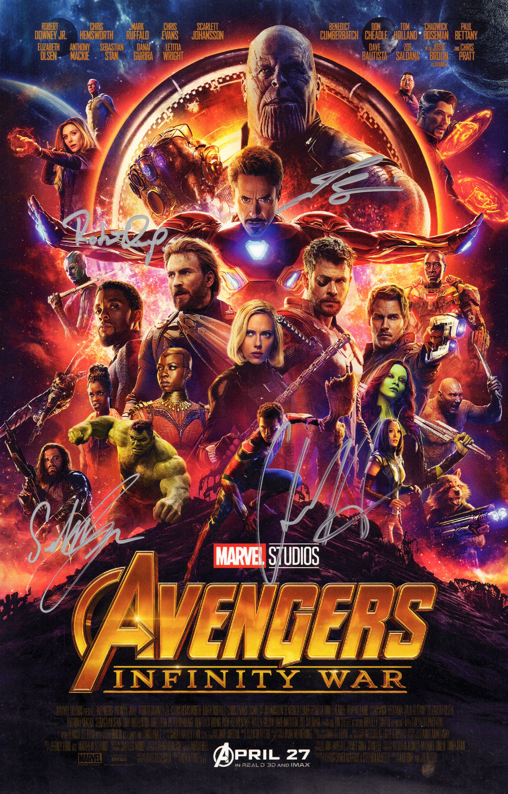 Avengers: Infinity War 11x17 Mini Poster (SWAU) Cast Signed by Robert Downey Jr., Sebastian Stan, Chris Hemsworth, & Josh Brolin