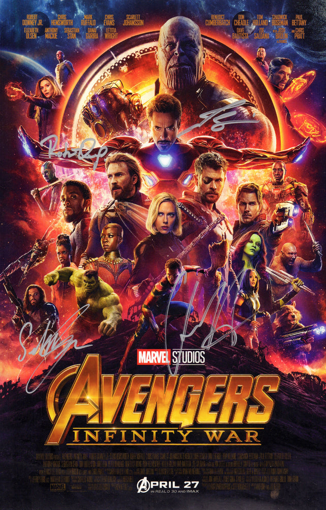 
                  
                    Avengers: Infinity War 11x17 Mini Poster (SWAU) Cast Signed by Robert Downey Jr., Sebastian Stan, Chris Hemsworth, & Josh Brolin
                  
                