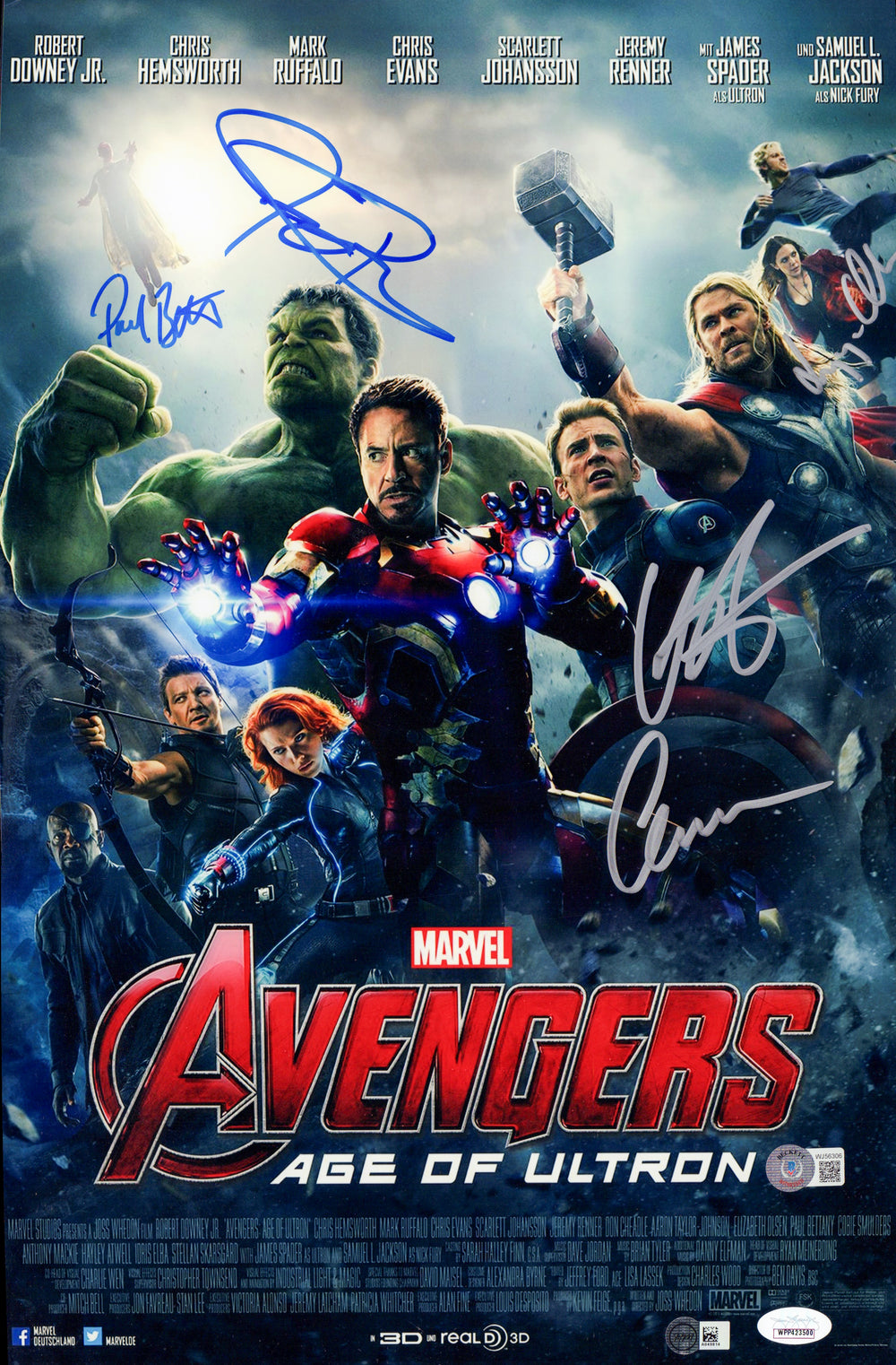 Avengers: Age of Ultron 11x17 Mini Poster Cast Signed by Chris Evans, Chris Hemsworth, Jeremy Renner, Elizabeth Olsen, & Paul Bettany