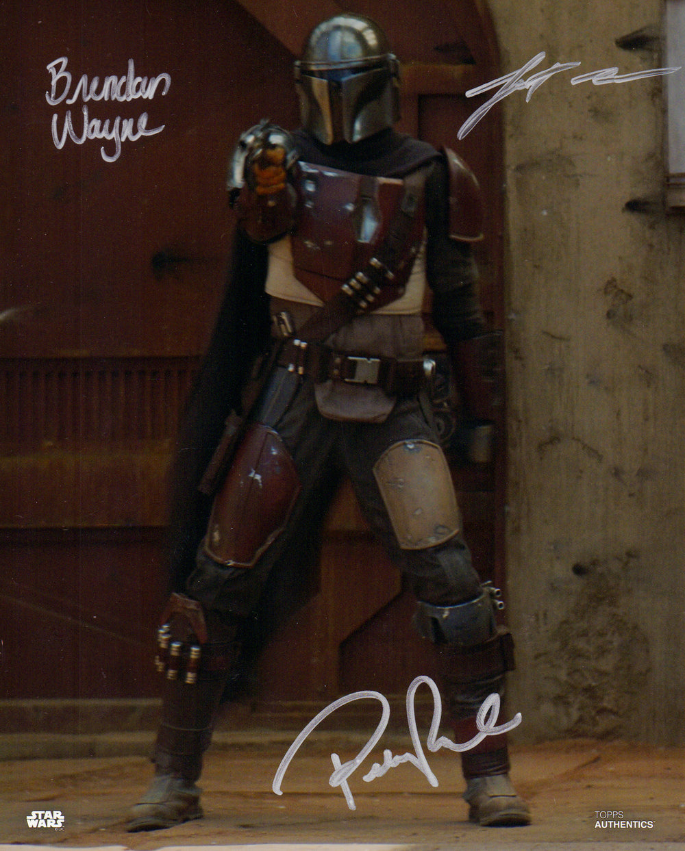 Pedro Pascal, Lateef Crowder, and Brendan Wayne as the Mandalorian in Star Wars: The Mandalorian (Beckett Witnessed) Signed 8x10 Photo