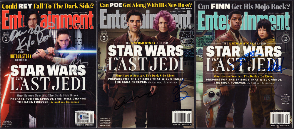 Daisy Ridley, Adam Driver, Oscar Isaac, Laura Dern, John Boyega, & Kelly Marie Tran in Star Wars: The Last Jedi Signed 3pc Set of Entertainment Weekly Magazines