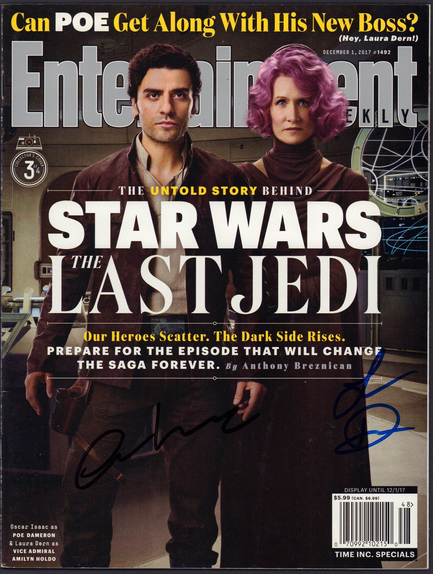 
                  
                    Daisy Ridley, Adam Driver, Oscar Isaac, Laura Dern, John Boyega, & Kelly Marie Tran in Star Wars: The Last Jedi Signed 3pc Set of Entertainment Weekly Magazines
                  
                