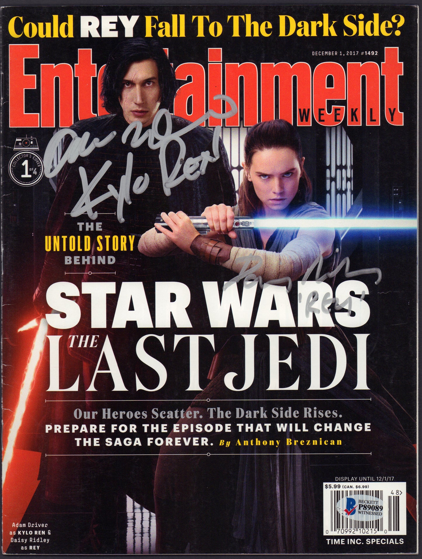 
                  
                    Daisy Ridley, Adam Driver, Oscar Isaac, Laura Dern, John Boyega, & Kelly Marie Tran in Star Wars: The Last Jedi Signed 3pc Set of Entertainment Weekly Magazines
                  
                