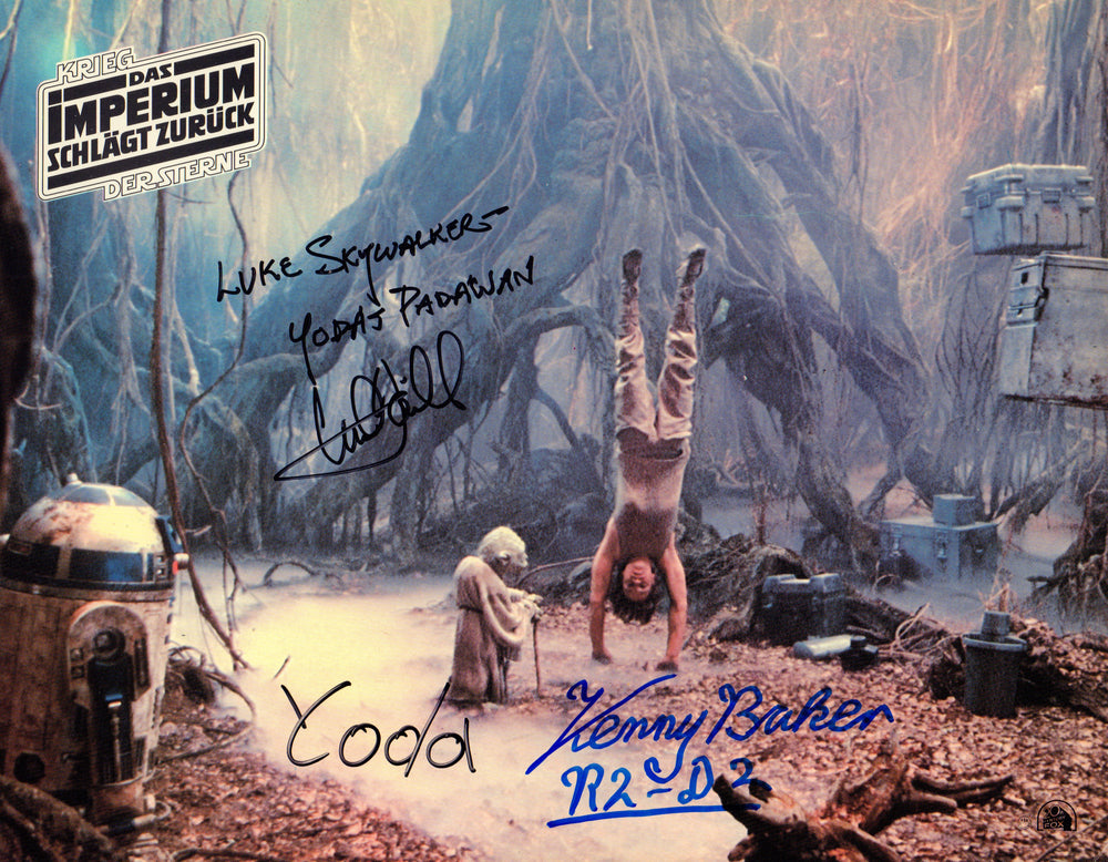 Mark Hamill as Luke Skywalker, Kenny Baker as R2-D2, & Frank Oz as Yoda in Star Wars: The Empire Strikes Back Signed 10.5x8.5 Lobby Card with Character Names