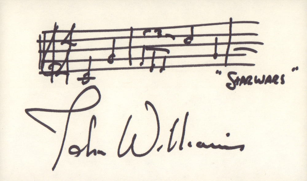 John Williams Composer Signed 5x3 Index Card with Rare AMQS Handwritten Musical Notes of the Star Wars Theme