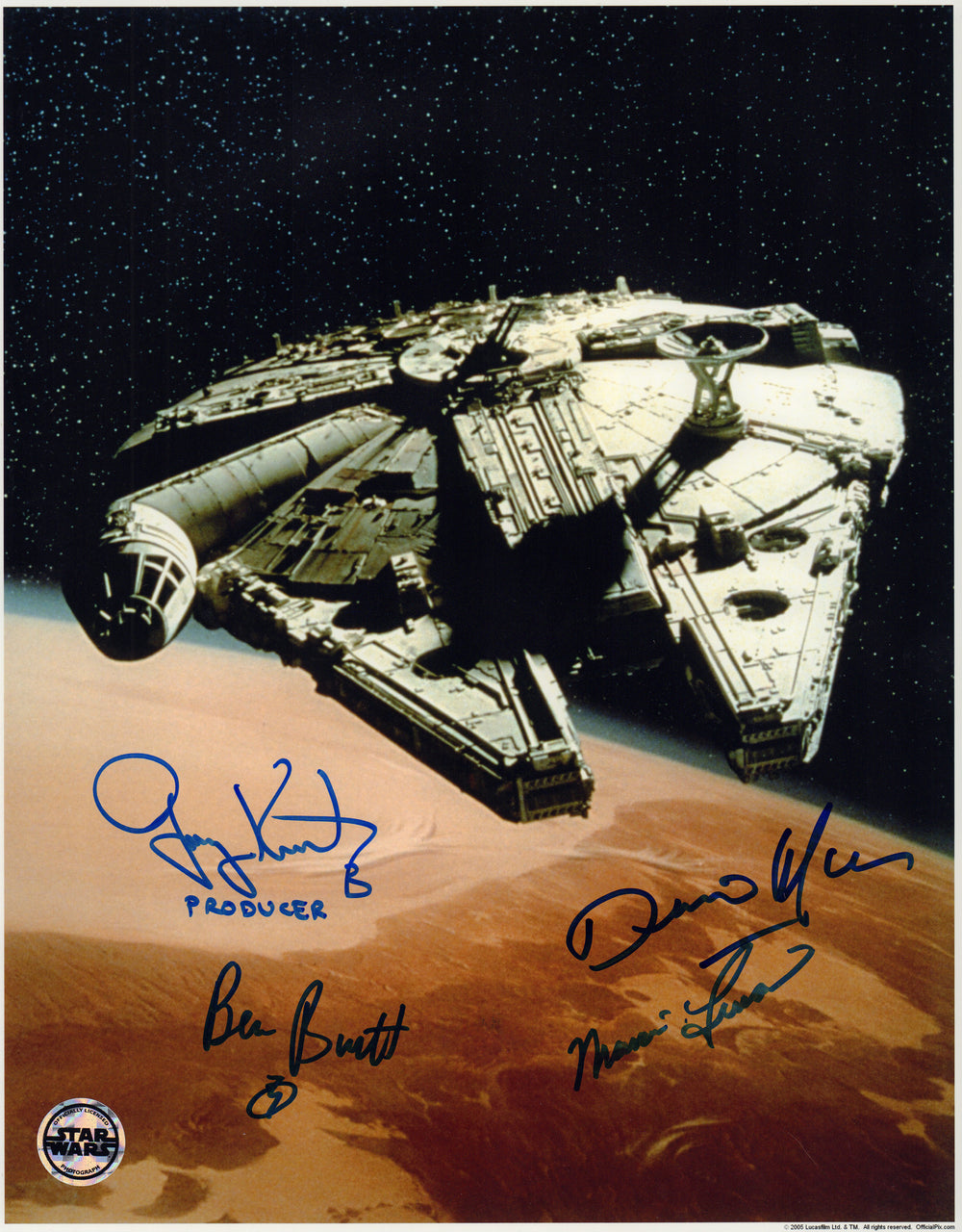 Star Wars: A New Hope Millennium Falcon 11x14 (Official Pix) Photo Signed by Editor: Marcia Lucas, Producer: Gary Gary Kurtz, ILM Visual Effects Artist: Dennis Muren, & Sound Designer: Ben Burtt