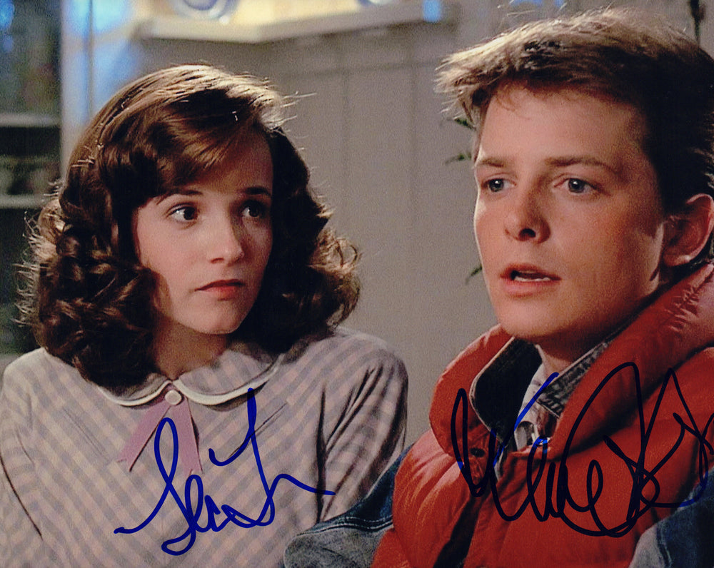 Michael J. Fox as Marty McFly with Lea Thompson as Lorraine McFly in Back to the Future Signed 8x10 Photo