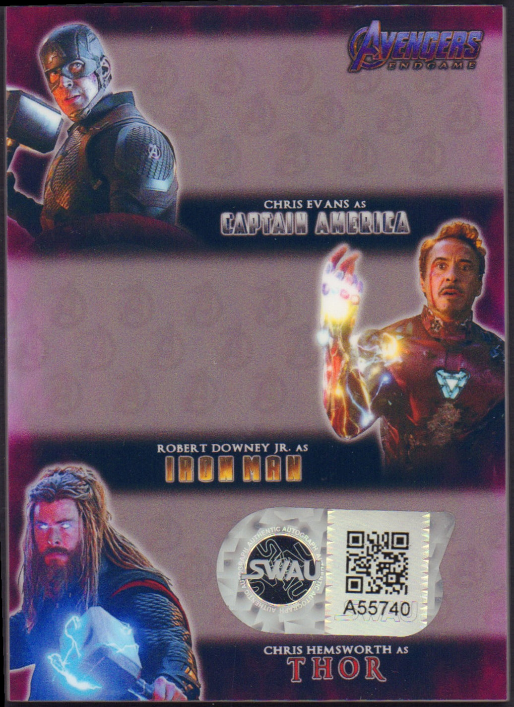 
                  
                    Avengers: Endgame Custom Trading Card (SWAU) Signed by Robert Downey Jr., Chris Evans, & Chris Hemsworth
                  
                