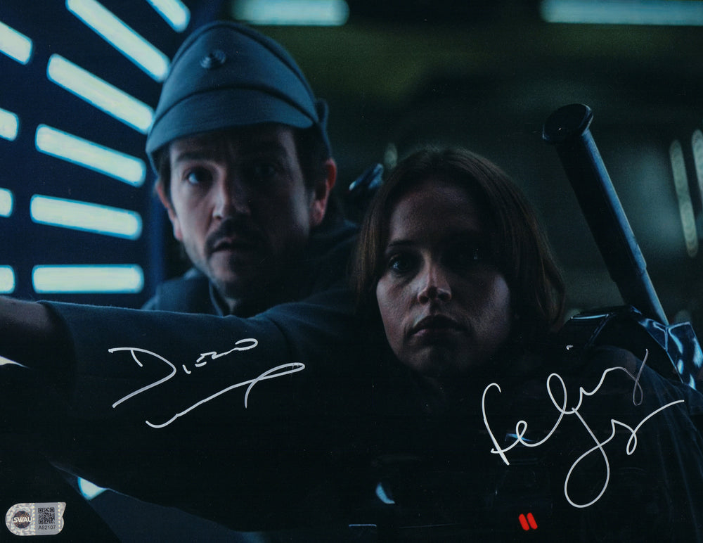 Diego Luna as Cassian Andor & Felicity Jones as Jyn Erso from Rogue One: A Star Wars Story (SWAU) Signed 11x14 Photo