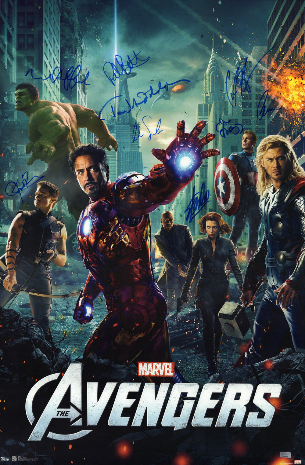 Avengers 22x34 Poster Signed by Chris Evans, Chris Hemsworth, Mark Ruffalo, Jeremy Renner, Paul Bettany, Tom Hiddleston, Clark Gregg, Cobie Smulders, & Stan Lee