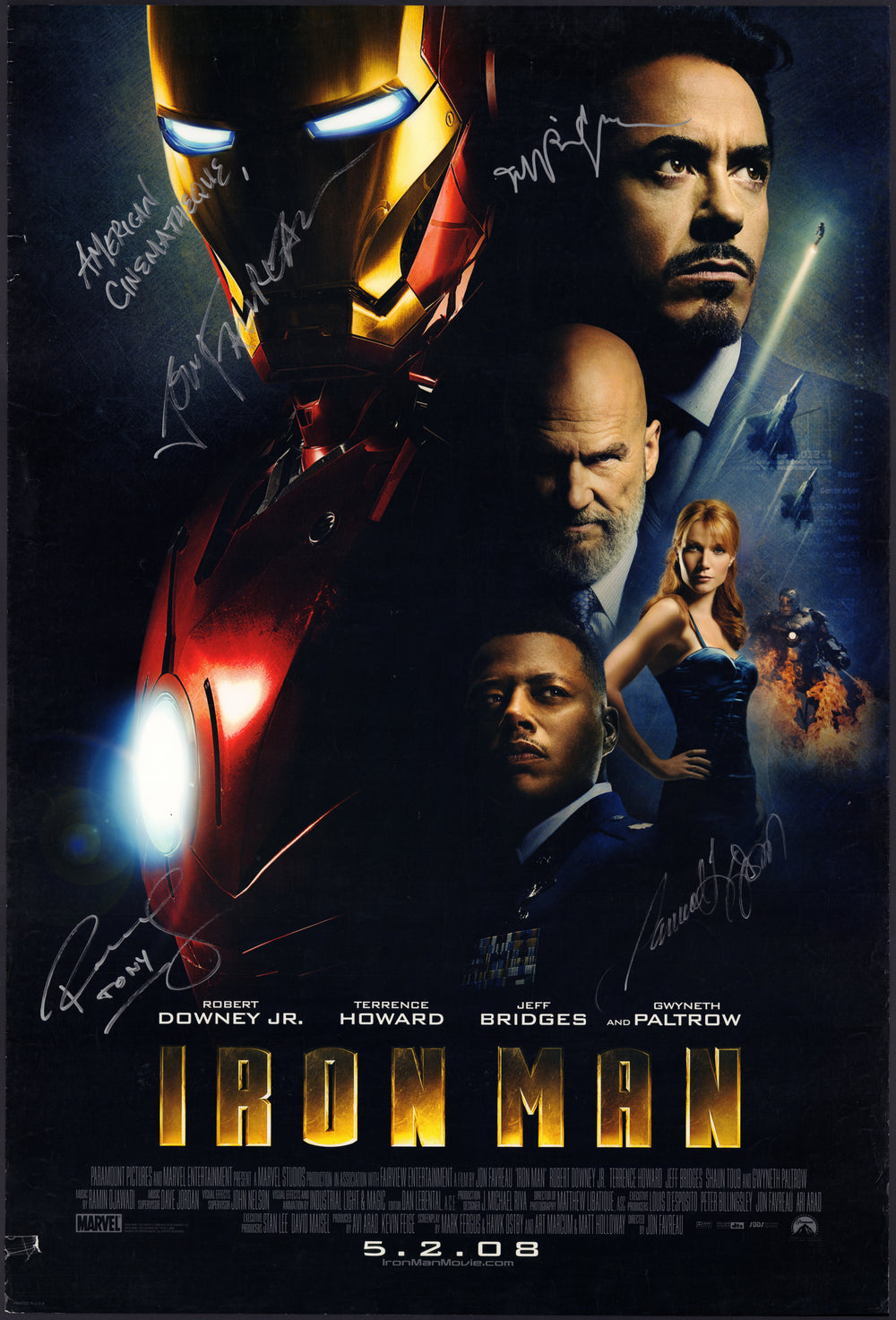 Iron Man 27x40 Poster Signed by Director: Jon Favreau and Actors: Robert Downey Jr., Jeff Bridges, & Samuel L. Jackson