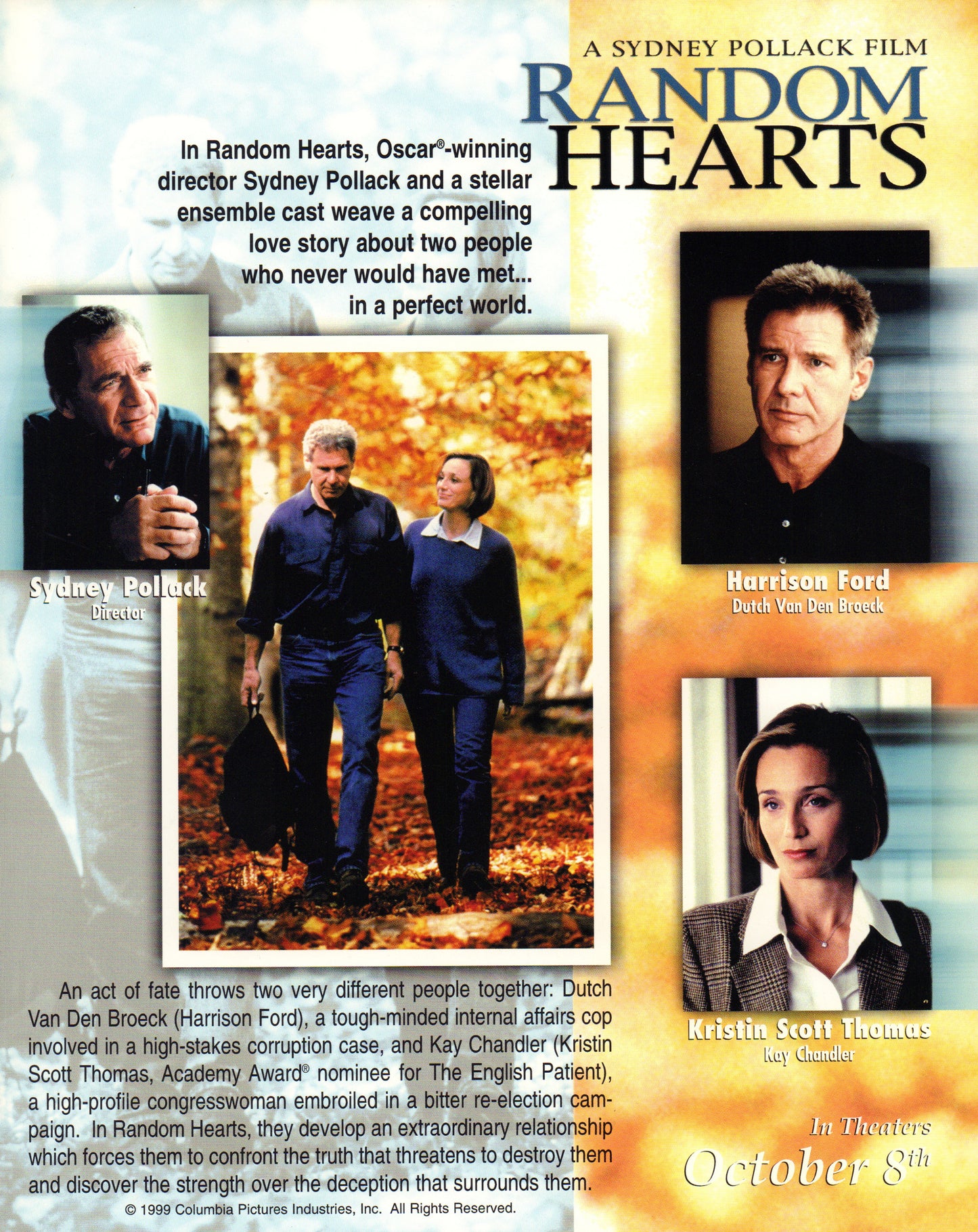 
                  
                    Random Hearts 8x10 Photo Cast Signed by Director: Sydney Pollack & Actors: Harrison Ford & Kristin Scott Thomas
                  
                
