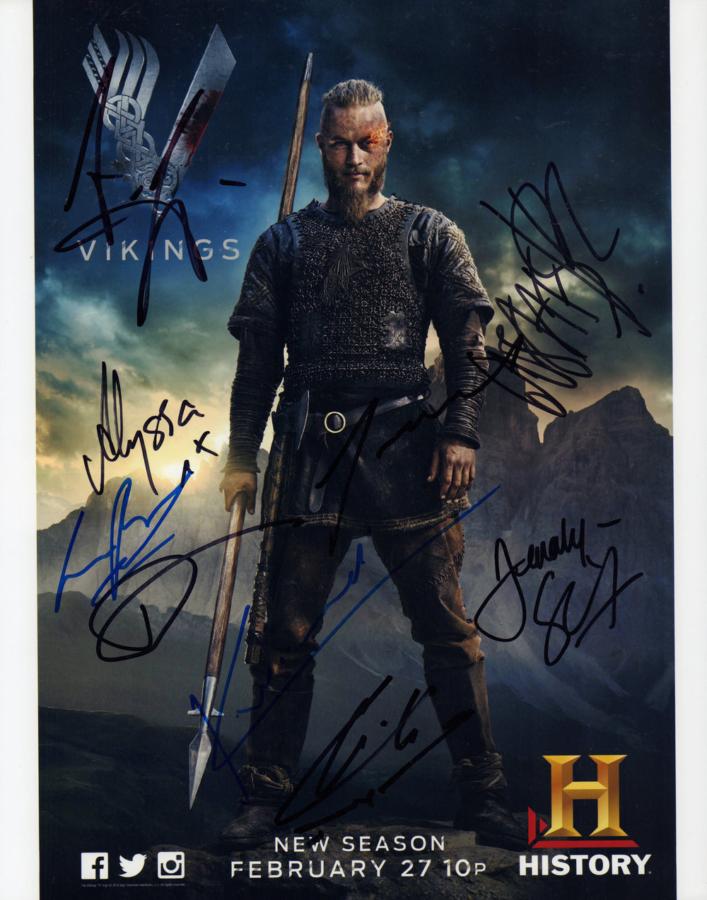 Vikings 11x14 Photo Cast Signed by Travis Fimmel, Alyssa Sutherland, Alexander Ludwig, Gustav Sakaargards, Jessalyn Gilsig, Katheryn Winnick, Clive Standen, Linus Roache, & Donal Logue