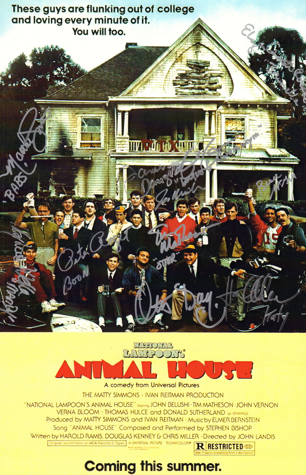 National Lampoon's Animal House 11x17 Photo Cast Signed by Tim Matheson, Peter Riegert, Bruce McGill, Karen Allen, James Widdoes, Mark Metcalf, Mary Louise Weller, Otis Day, Martha Smith, James Daughton, & Eliza Roberts