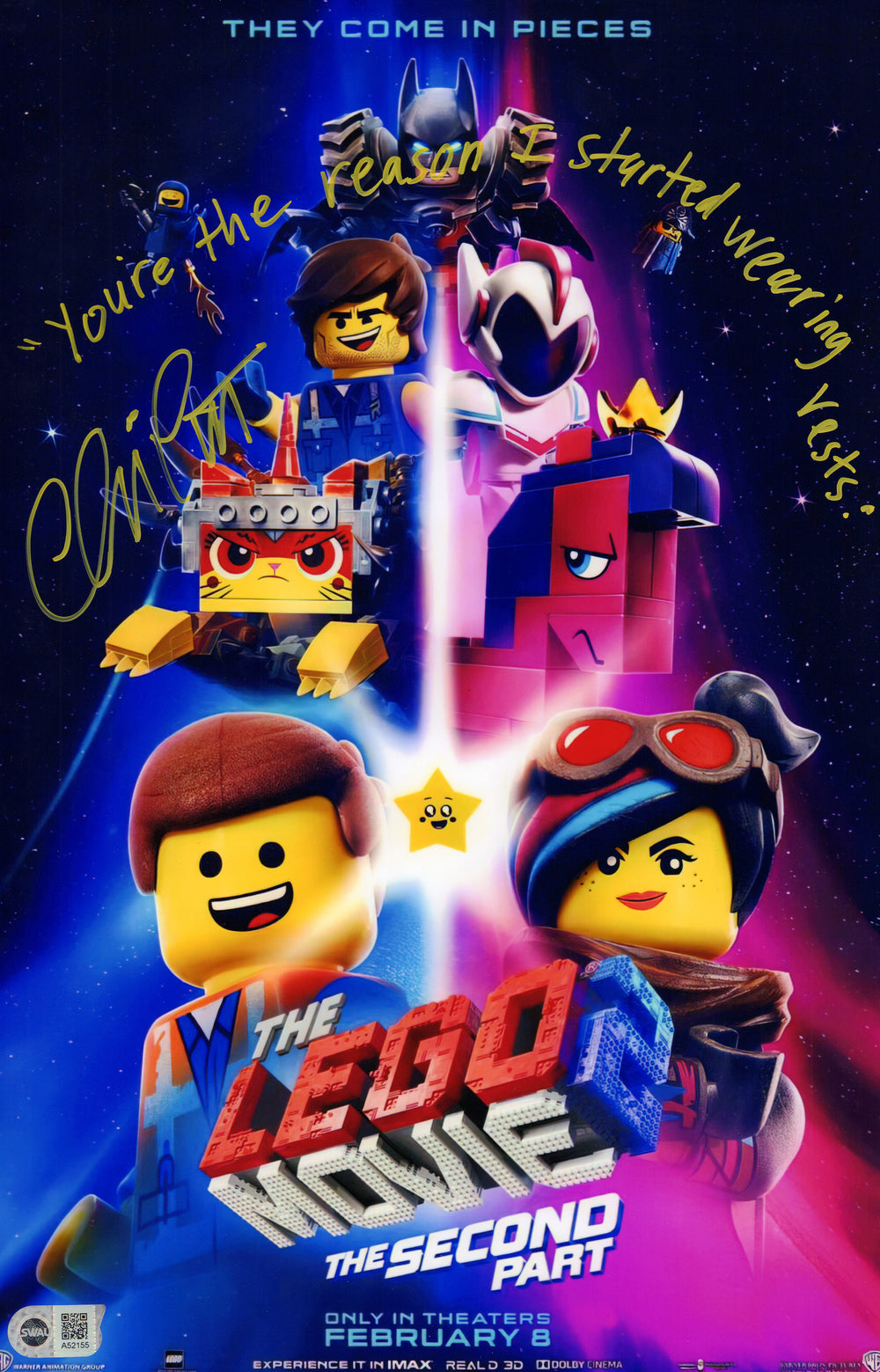 Chris Pratt as Emmet in The Lego Movie (SWAU) Signed 11x17 Photo with Quote