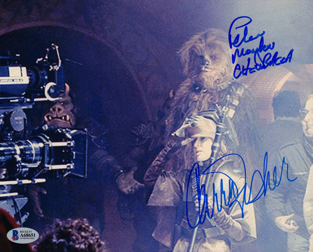 Carrie Fisher as Princess Leia in Boushh Disguise & Peter Mayhew as Chewbacca in Star Wars: Return of the Jedi Signed 8x10 Photo