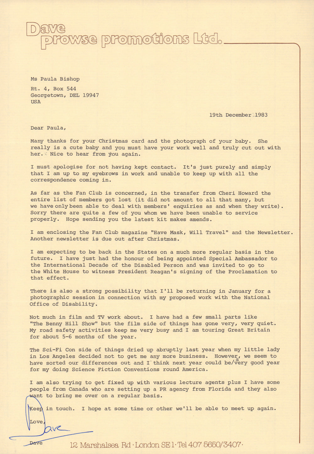 Dave Prowse as Darth Vader in Star Wars Signed Personal Letter