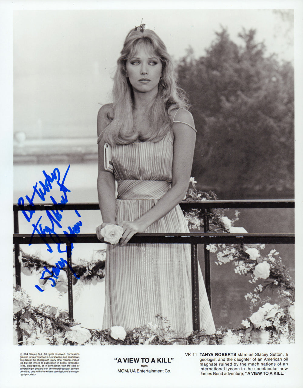 Tanya Roberts as Stacey Sutton in James Bond 007: A View to a Kill Signed 8x10 Press Photo with Character Name