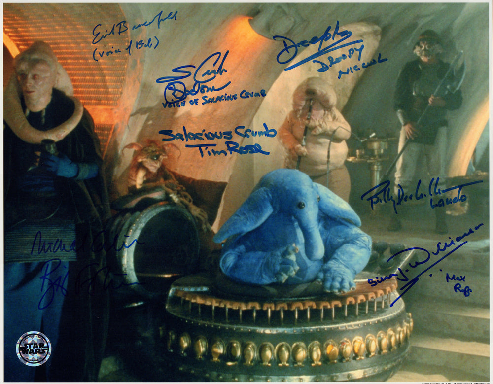 Star Wars: Return of the Jedi Jabba's Palace 11x14 (Official Pix) Photo Cast Signed by Billy Dee Williams, Erik Bauersfeld, Deep Roy, Tim Rose, Simon Williamson, Mark Dodson, & Michael Carter