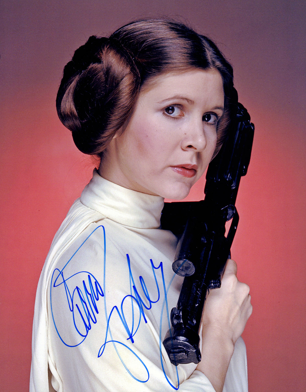 Carrie Fisher as Princess Leia with Blaster in Star Wars: A New Hope Signed 11x14 Photo