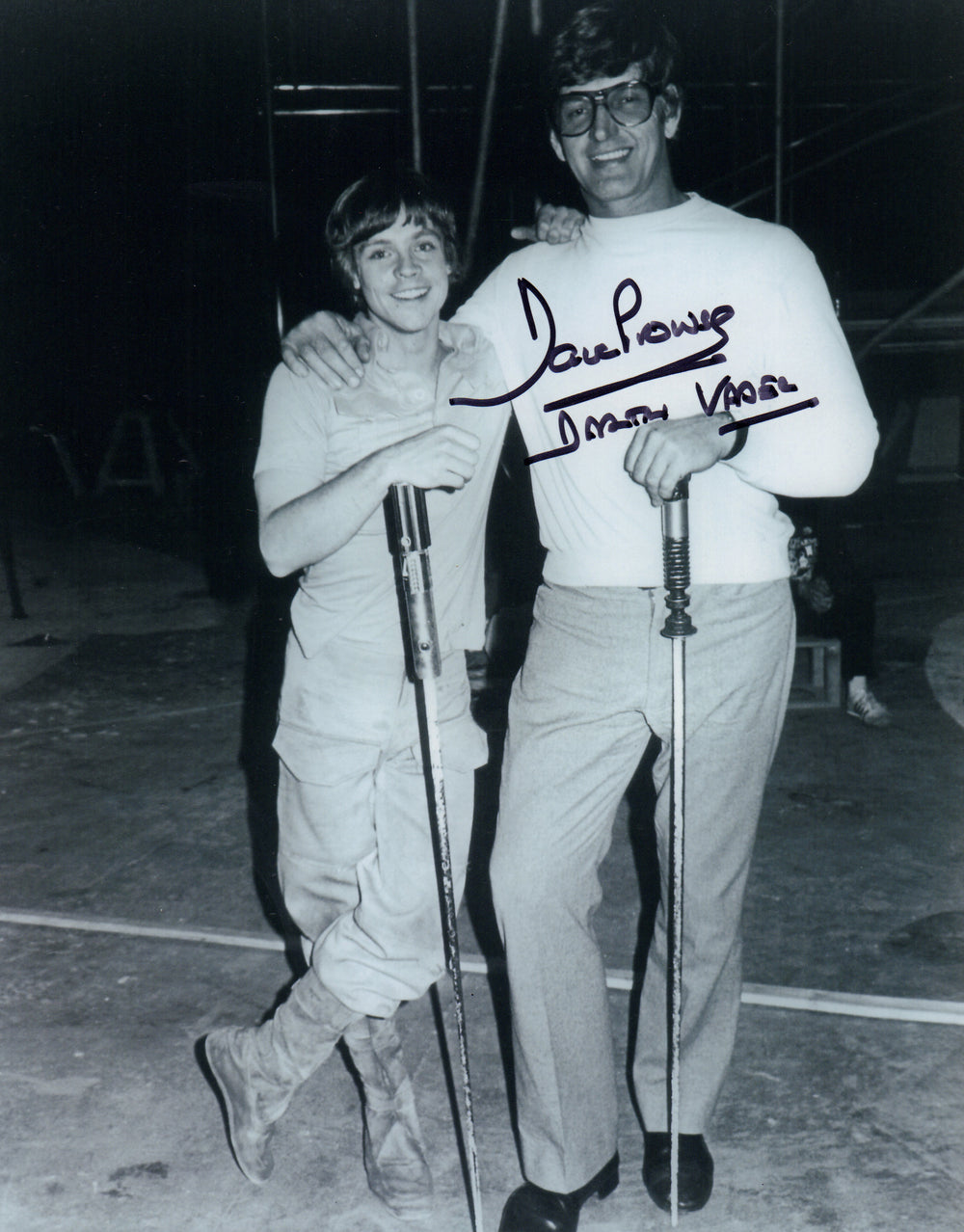 Dave Prowse with Mark Hamill Behind the Scenes of Star Wars: The Empire Strikes Back Signed 8x10 Photo