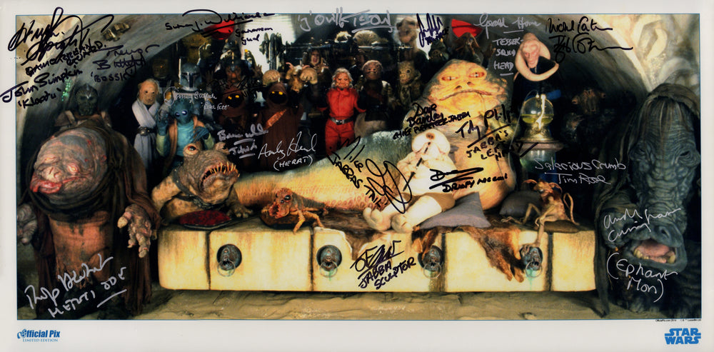 Star Wars: Return of the Jedi Jabba's Palace (Official Pix) 10x20 Photo Cast Signed by Dave Barclay, Jeremy Bulloch, Trevor Butterfield, Michael Carter, John Coppinger, Sean Crawford, Andy Cunningham, Tim Dry, Mike Edmonds, Simon Williamson, +10