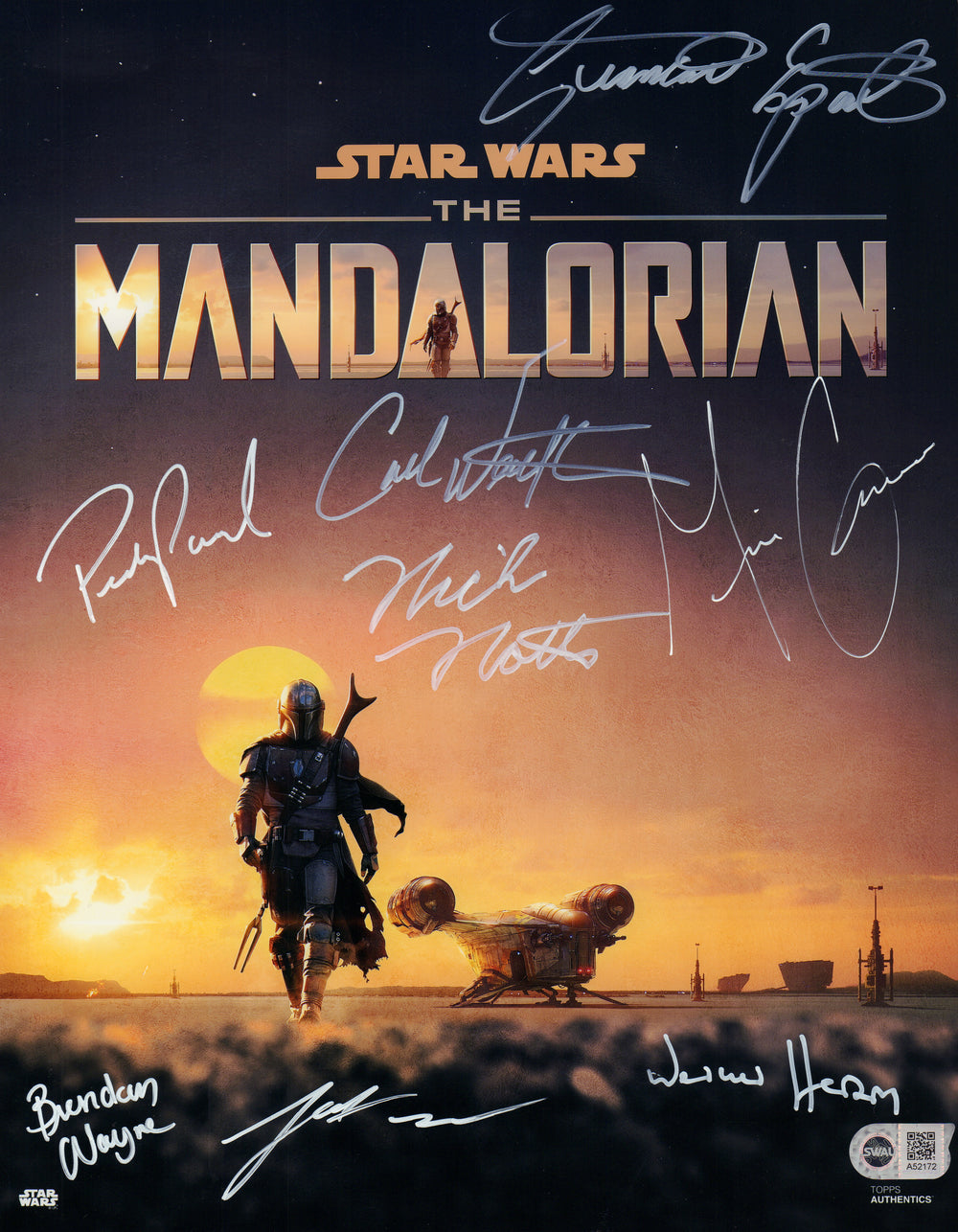 Star Wars: The Mandalorian 11x14 Photo (SWAU) Cast Signed by Pedro Pascal, Brendan Wayne, Lateef Crowder, Werner Herzog, Gina Carano, Giancarlo Esposito, Nick Nolte, & Carl Weathers