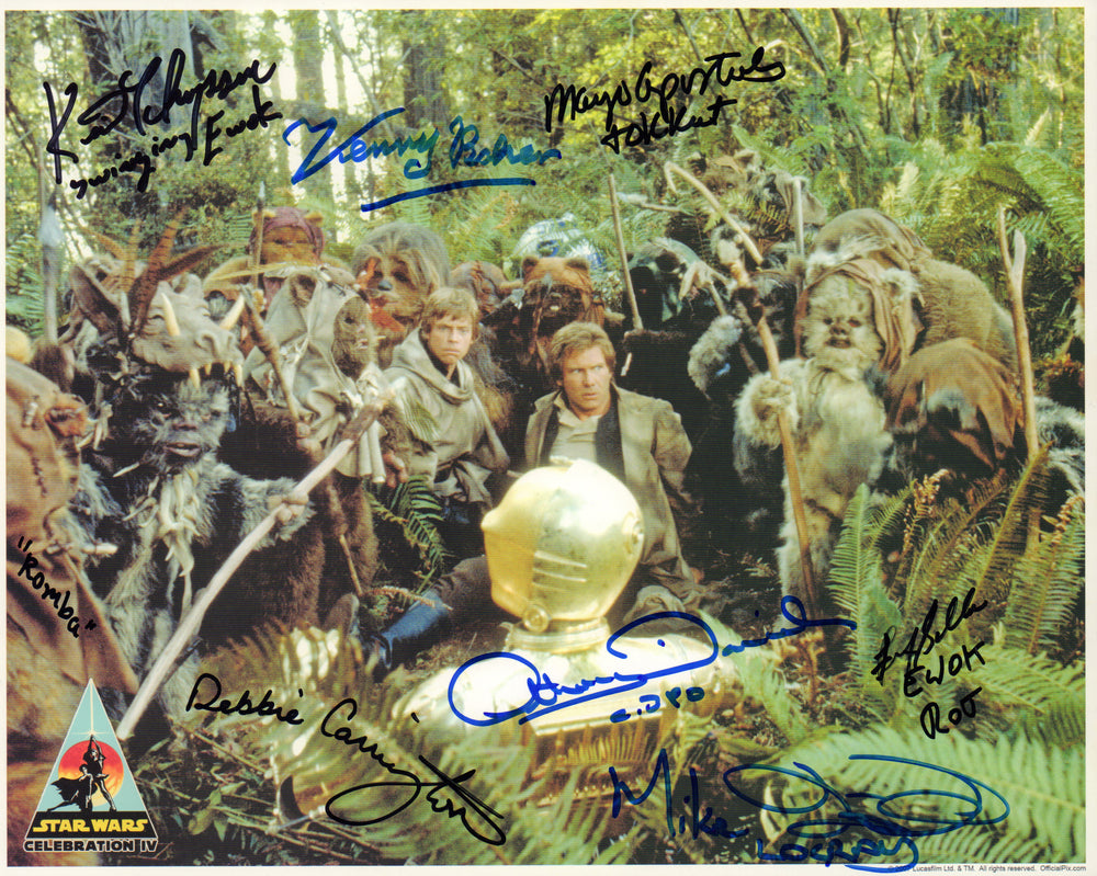 Star Wars: Return of the Jedi Endor Ewok Ambush 8x10 (Official Pix Celebration IV) Photo Cast Signed by Kenny Baker, Anthony Daniels, Debbie Lee Carrington, Kevin Thompson, Margo Apostolos, Felix Silla, & Mike Edmonds
